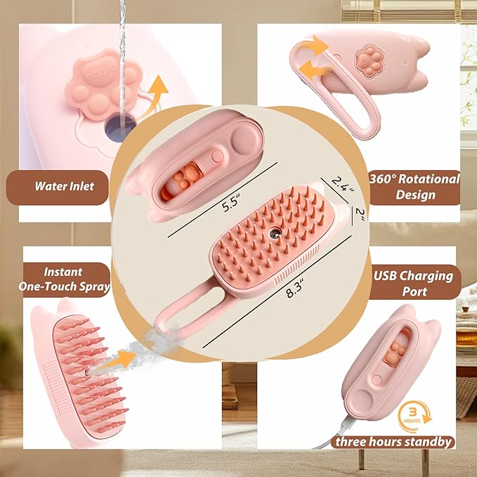 4 in 1 Cat Steam Brush for Shedding,Rechargeable Steam Brush for Cats and Dogs，Anti-Static, Massage, Cleaning, Shedding & Combing All In One for Grooming Multi-functional Pet Brushes
