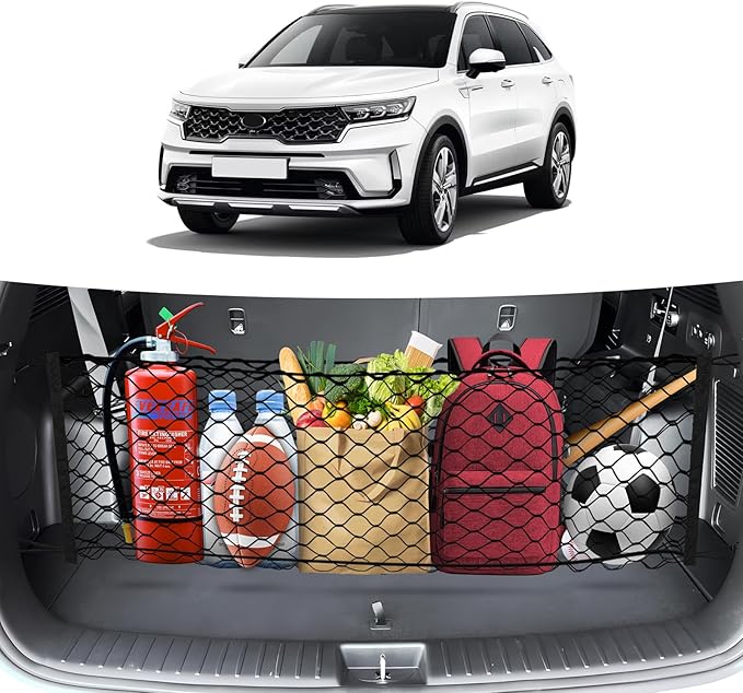 Trunk Cargo Net for 2014-2025 2026 Kia Sorento Accessories Envelope Style Mesh Trunk Net Organizer and Storage Stretchable Adjustable Elastic Nylon Rear Cargo Netting with Hooks
