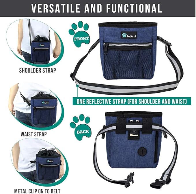PetAmi Dog Treat Pouch, Pet Treat Pouch for Training, Dog Walking Bag Holder for Kibbles, Pet Food Toy, Dog Trainer Essentials Supplies, Poop Bag Dispenser, 3 Ways to Wear (Heather Navy)