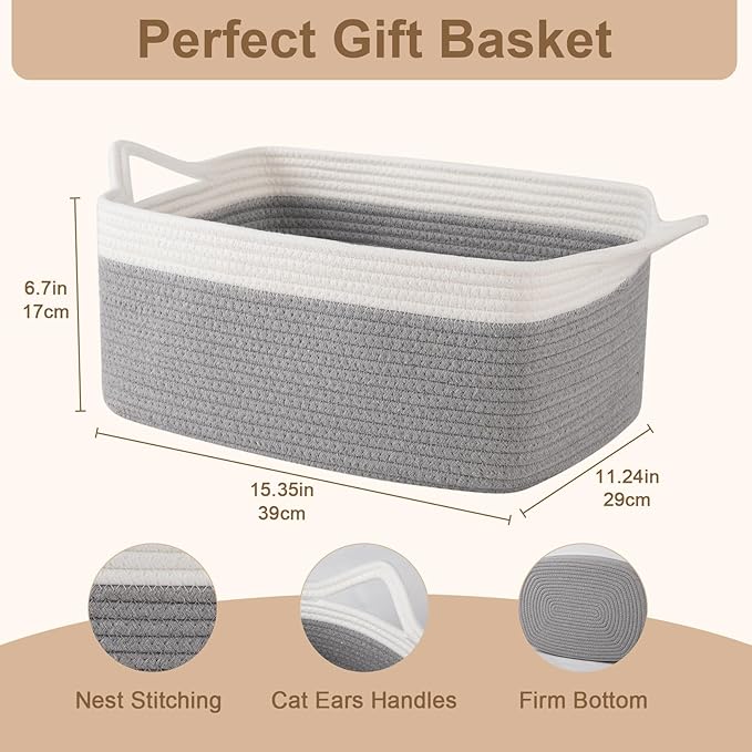 OIAHOMY 19L Woven Basket, Gift Basket Empty with Gift Bags and Ribbons, Rope Baskets for Baby Showers, Storage Baskets with Handles for Nursery, Pet Toy Organizer - Grey & White