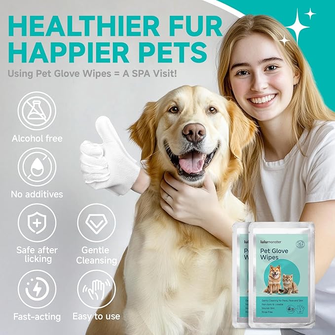 Pet Glove Wipes for Dogs and Cats [Individually Wrapped][Hypoallergenic Cleaning & Deodorising] Glove Bathing Wipes Moisture-rich Thickened Gloves for Daily Care, Traveling, Rinse Free Grooming Wipes