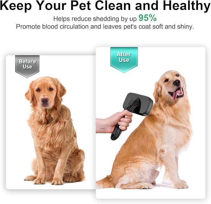 Dog Brush for Shedding & Grooming for Dogs, Cats, and Puppies - Self Cleaning Shedding Brush for Long and Short Haired Lengths Sensitive Pets, Black