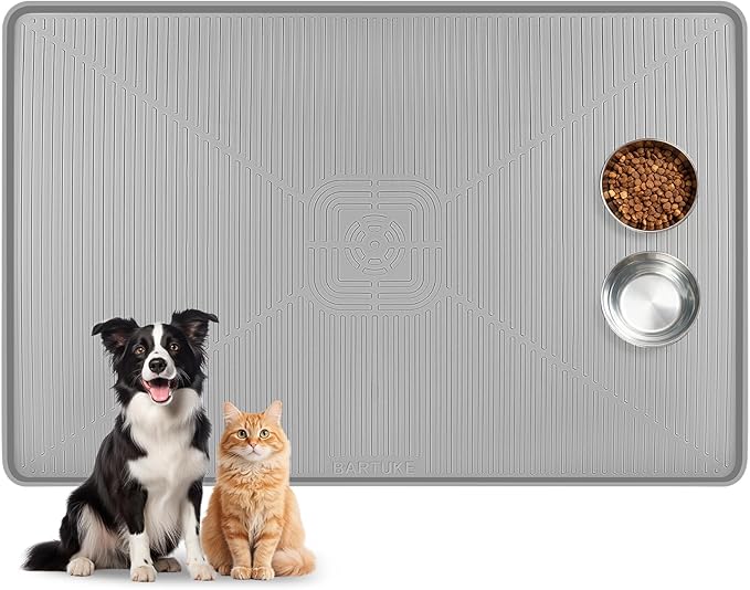 Lorvain Dog Food Mat, 45" x 30" Silicone Pet Feeding Mat with Raised Edges, Extra Large Pet Placemat for Dog Cat Food and Water Bowl Non-Slip, Easy to Clean, Waterproof & Floor Protection, Grey