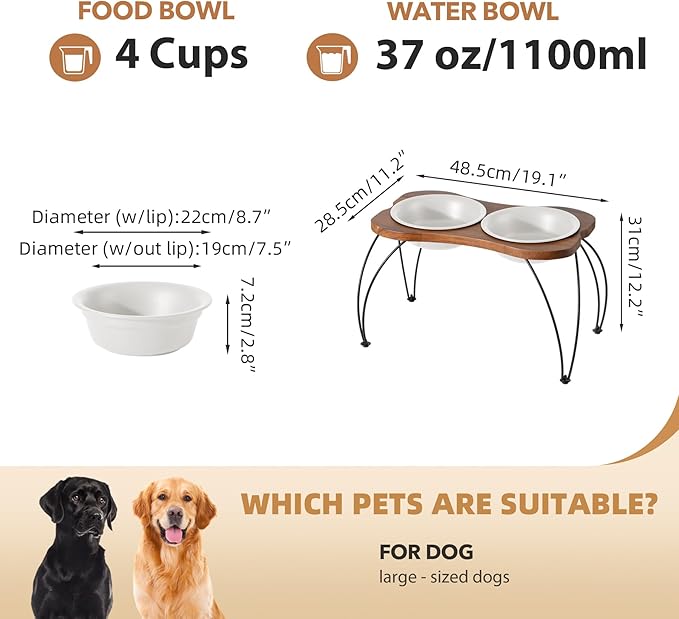 Ceramic 8.7-inch Raised Double-Bowl Set with Non-Slip Stand, 4 Cup Food or 37 oz Water Dishes for Large Dogs, Wide Opening with Rounded Edges(Matt White)