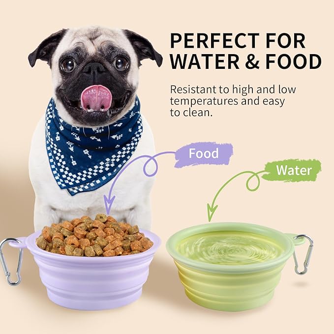 Collapsible Dog Bowls 2-Pack, Portable Travel Dog Bowl with Carabiner, Food-Grade Silicone Pet Bowl for Hiking, Walking(Macaron Violet and Green)