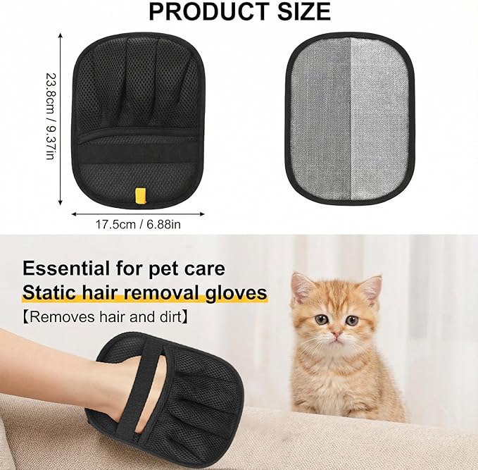 Electrostatic Pet Hair Removal Gloves for Cats & Dogs–Upgraded Reusable Magic Brush Tool for Quick Wiping on Couch, Carpet, Laundry, Car Seat & Pet Beds(3PC-Black