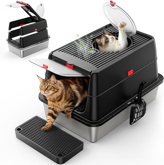 Stainless Steel Cat Litter Box with Lid, 180° Flip Top Kitty Litterbox, XL High Sided Enclosure Litter Pan for Big Cats, Front & Top Entry, Anti-Leakage, Odor-Free, Includes Scoop Mat, Black