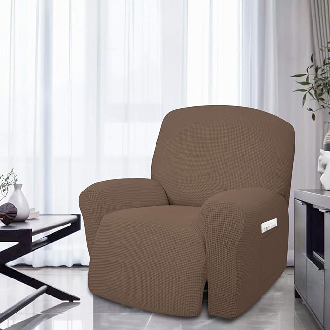 Easy-Going 4 Pieces Oversized Recliner Stretch Sofa Slipcover Sofa Cover Furniture Protector Couch Soft with Elastic Bottom Polyester Spandex Jacquard Fabric Small Checks Brown, X-Large