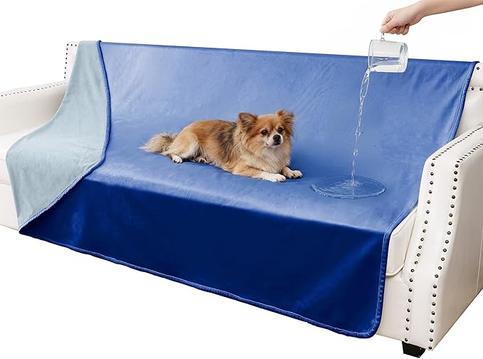 Tuffeel Waterproof Blanket for Couch, Leak Proof Dog Bed Blankets Reversible, Pet Throw Sofa Furniture Protector Machine Washable-52 x82,Navy Blue+Stone Blue