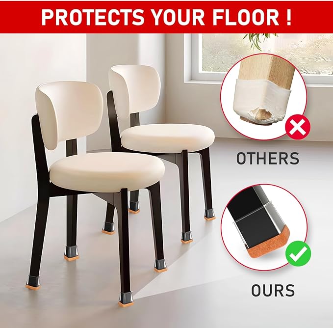 24 Pcs Chair Leg Floor Protectors Square, Silicone Chair Leg Protectors Caps Covers for Hardwood Floors, Furniture Pads Sliders with Wrapped Felt Bottom Large (Fit:1-1/8"~1-1/2")
