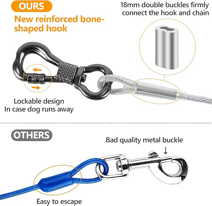 Tresbro 30FT Reflective Tie Out Cable for Dogs Up to 250 Pounds, Steel Wire Lead Leash Cable with Stainless Dual Fix Buckle, Lightweight and Enduring, Outdoor Dog Chains for Outside,Yard,Camping