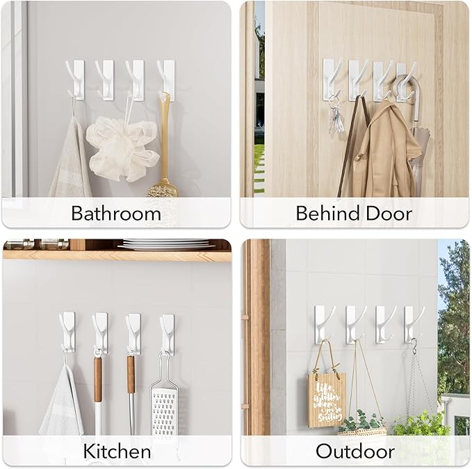 pickpiff Self Adhesive Coat Hooks for Hanging: Heavy Duty Stainless Wall Hook for Towel, Utensil, Backpack, Hat, Sturdy Metal Hanger for Bathroom, Kitchen, Door, 10 Pack, White