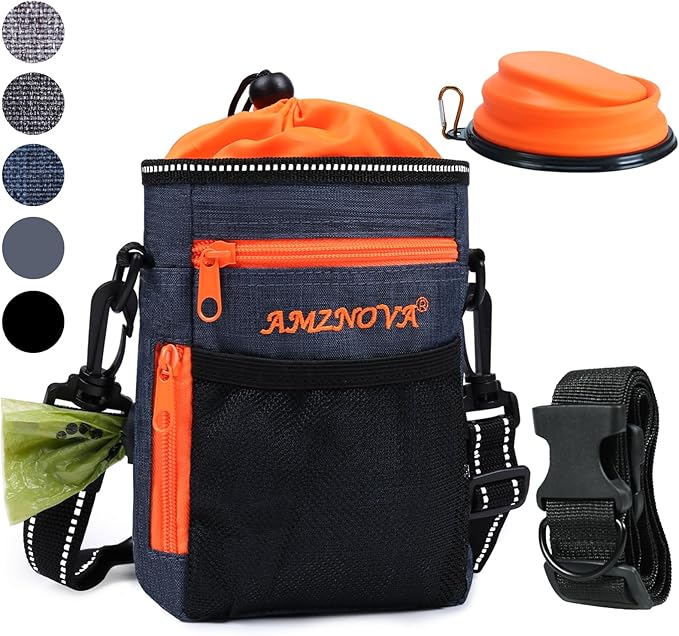AMZNOVA Dog Treat Bag Treatkit Dog Treat Pouch, Waist Clip On Crossbody Fanny Pack for Pet, Training Pouch with Shoulder Strap & Waist Belt for Walking & Training, 6Cups, Heather Navy