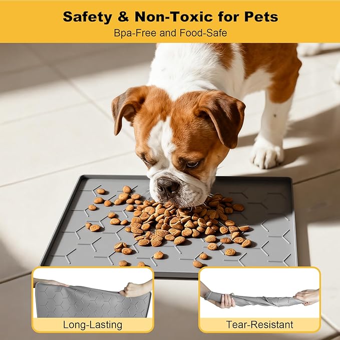 Pieviev Dog Cat Food Bowl Mat, Silicone Waterproof Food Grade Pet Food Mat for Floor, High Raised Edge to Prevent Spills, Non-Slip & Easy Clean Pet Placemat for Dog & Cat Bowls, 16''x12'', Light Gray