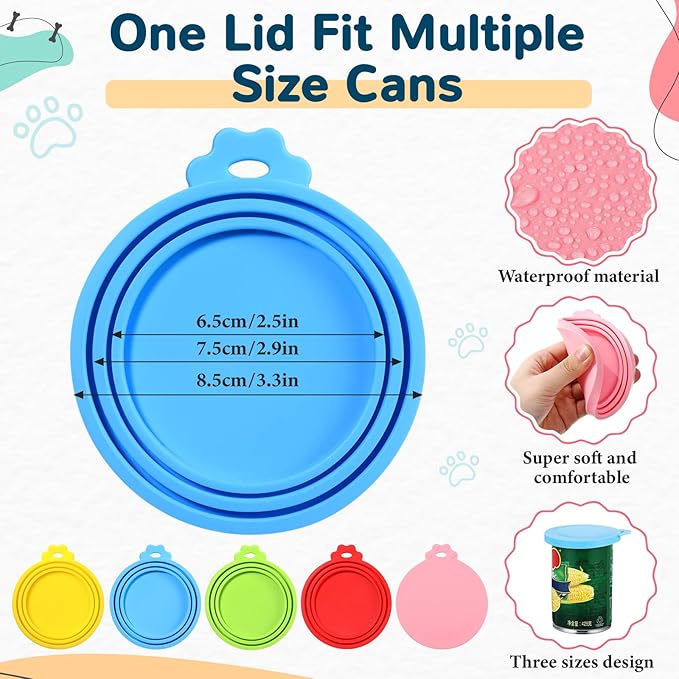 Uiifan Cat Food Lid Cat Food Can Covers Lids 8 Pcs Pet Can Supplies Set 5 Silicone Wet Kitten Foodstuff Tin Covers Lids 2 Silicone Dog Spoons 1 Paw Shape Multifunctional Opener for Pets(Multicolor)
