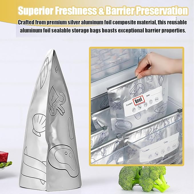 Reusable Aluminum Foil Sealable Storage Bags - Freezer Ziplock Bags - Foil Sealable Bags for Food, Vegetables, Fruit, Meat, Snacks, Bread, Seafood Preservation