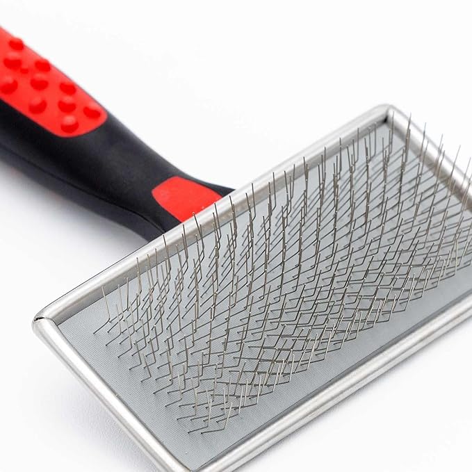 Jeffers Non Slip Slicker Pet Grooming Brush – Soft Pins, Red & Black Handle – Detangling Grooming Tool for Dogs & Cats with Short, Long, Thick & Curly Coats – Easy Grip Pet Comb - Medium Size