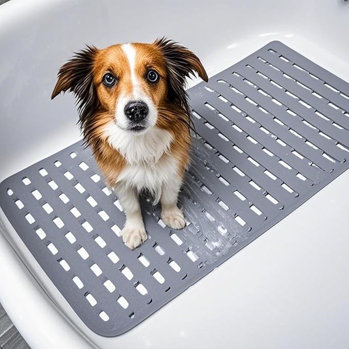 Bathtub Shower Mat, Pet Dog Bathing Non-Slip Mat, Dog Bath mat for tub, Quick Drain Bathtub Mat with Suction Cups & Drain Holes for Bathroom, 27.1x15.7 Inch (Transparent)