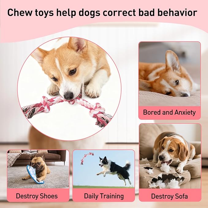 SZEE Dog Rope Toy 2 Pack, Rope Toys for Dogs, Chew Ropes for Small Breeds Puppies, Pull Toy for Tug of War, Energy Release, Boredom Relief and Teeth Cleaning, 3 Knots 14 inches (Pink & Orange)