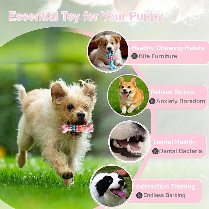 Puppy Teething Toy, Indestructible Dog Chew Toys for Aggressive Chewers, Interactive Bone Dog Toy for Small & Medium Breeds, Tough Puppy Toys to Keep Them Busy and Clean Teeth (Pink)