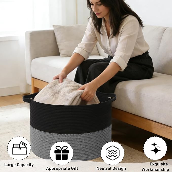 90L Large Blanket Basket,21.7"L x 21.7"W x 13.8"H Rope Woven Baskets with Handles, Toys Storage Bins,Laundry Basket Perfect for Living Room, Nursery,Bedroom,Home Organization,Black&Dark Grey