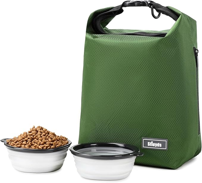 Dog Food Travel Bag with 2PCS Collapsible Dog Travel Bowls,Air Tight Dog Food Storage Container(Green, Small)