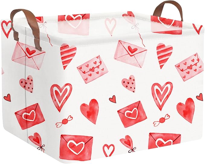 FXOCSHE Valentines basket,Pink Heart Basket,Collapsible waterproof nursery laundry basket,Pink girls gift baskets,Valentine's Day room decor(Envelope heart)