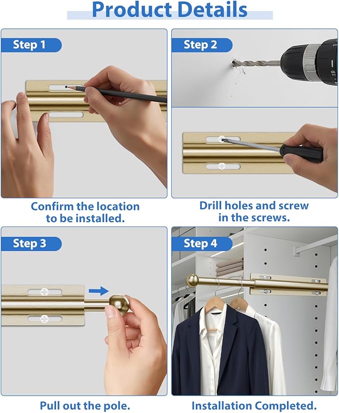 Valet Rod for Closet Pull Out, 12" Aluminum Valet Heavy Duty Closet Valet Rod, Adjustable Retractable Slide Out Valet Rod Closet Organization for Closet Laundry Bedroom Bathroom(Gold)