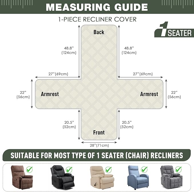 TAOCOCO Waterproof Recliner Chair Cover, Non Slip Oversized Recliner Covers for Recliner Chair with Pocket, Reclining Chair Cover Furniture Protector for Kids, Dogs(28'', Sage Green)