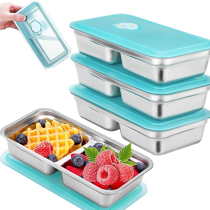 4 Pack Stainless Steel Snack Containers Reusable with Lid, Grab and Go 2 Compartment Snack Food Storage Containers for School Travel and Outdoor Camping Dishwasher Safe