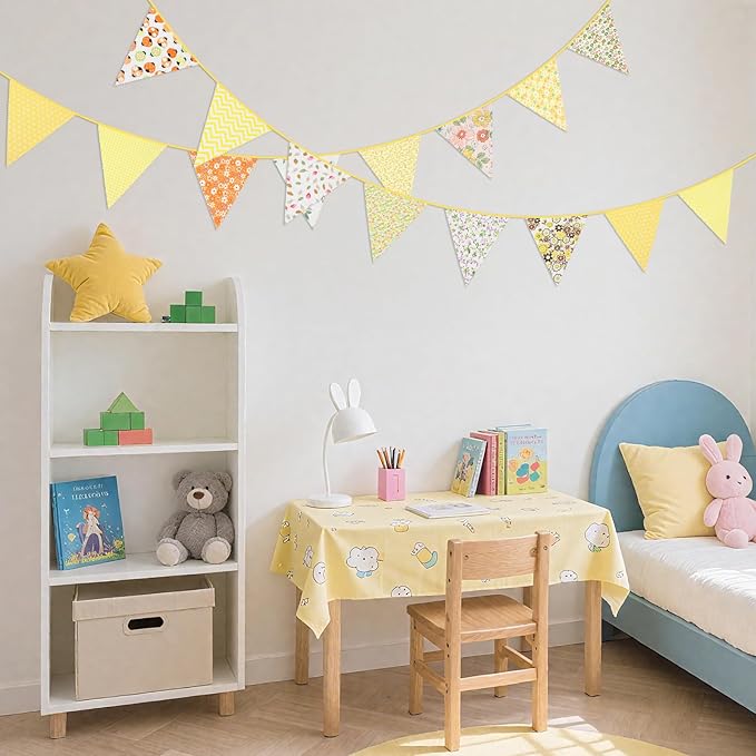 G2PLUS 39Ft Triangle Bunting Banner, 42Pcs Yellow Floral Garland Pennant Banner, Reusable Cotton Triangle Flags Party Decoration for Birthday, Wedding, Garden Tea Party, Baby Shower, Room Decor