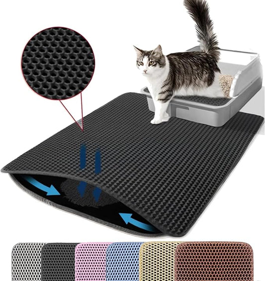 Petinstinct Jumbo Cat Litter Mat, 46x26 Inches Double Layer Honeycomb Litter Trapping Mat, Non Slip Waterproof Urine Proof Extra Large Cat Litter Box Mat, Kitten Supplies and Essentials, XXL, Black