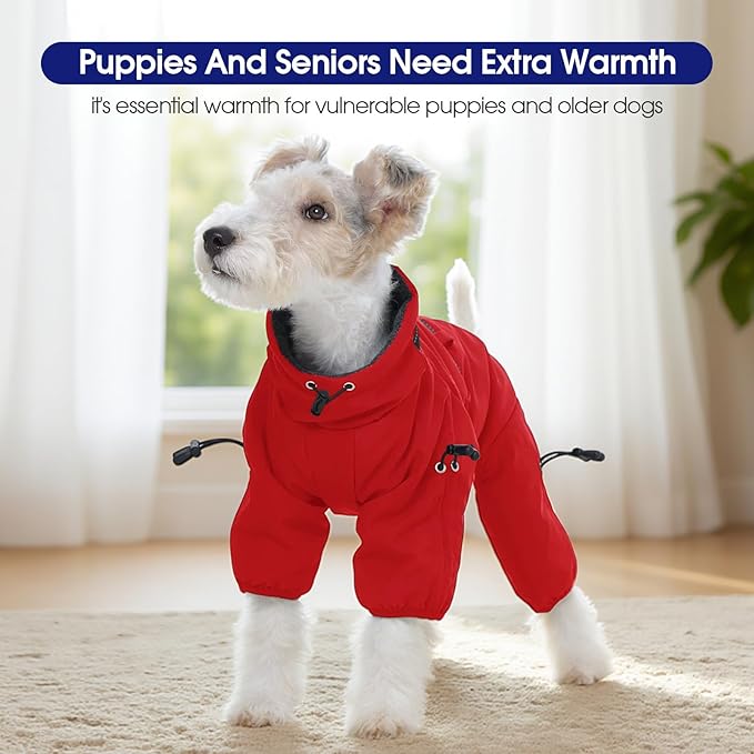 FUAMEY Full Body Dog Coat,Warm Dog Fleece Jackets with Harness Built in Windproof Dogs Snowsuit Zip up Pet Four Legged Pets Jumpsuit Winter Outfit Cold Weather Coats for Extra Small Dogs Red XS