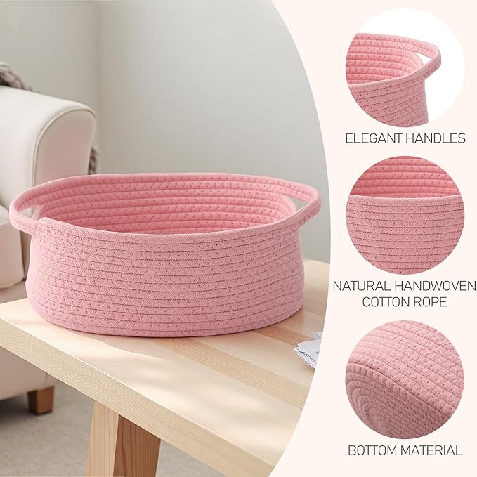 JMvicyroam Woven Basket,Small Rope Storage Bin with Handles & Ribbon Bag, Organizer for Shelves Closets,Gift Basket Empty for Birthday,Books,Dog Toys, Pink/2 Pack