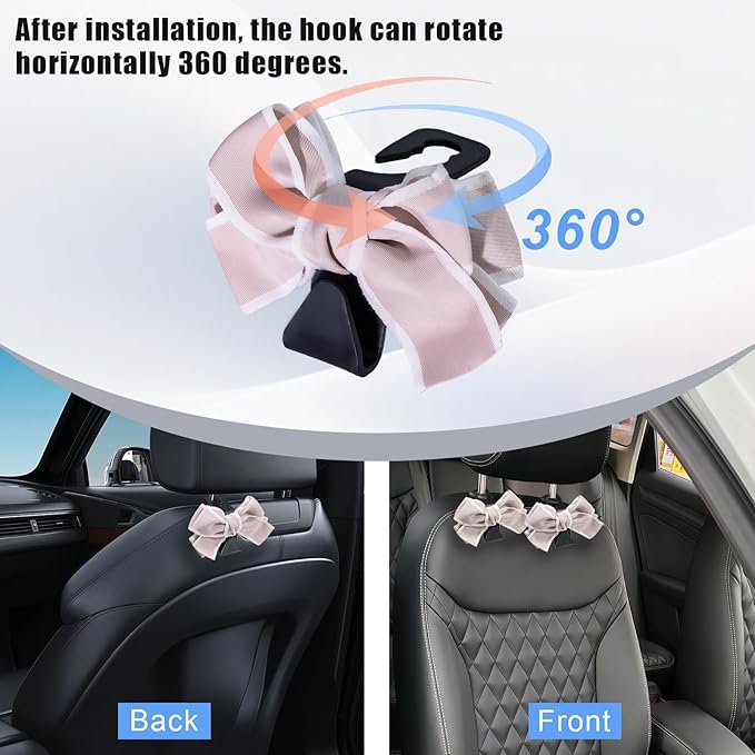 2 PCS Car Seat Headrest Hooks, Cute Bow Purse Hook Hanger for Car Headrest, Universal Purse Holder for Umbrella, Storage Bag, Coat (Pink)