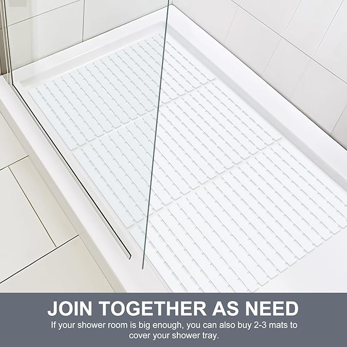 Yolife Quick Drain Shower Mat, 24.8 x 15.8 inch Power Grip Shower Mat Non Slip, Raised Non Slip Shower Mats for Inside Shower, Heavy Duty Curlable Stand up Shower Floor Mat,White