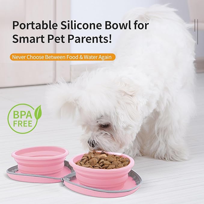 Collapsible Dog Bowls, 2-in-1 Pet Portable Travel Double Bowl Water Food Feeder Traveling Camping & Walking 25oz Pink