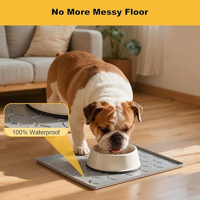 Pieviev Dog Cat Food Bowl Mat, Silicone Waterproof Food Grade Pet Food Mat for Floor, High Raised Edge to Prevent Spills, Non-Slip & Easy Clean Pet Placemat for Dog & Cat Bowls, 16''x12'', Light Gray