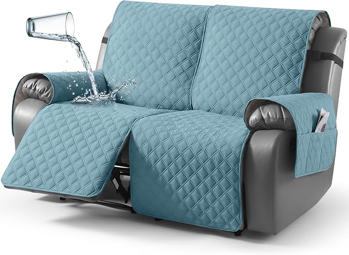TAOCOCO 100% Waterproof Recliner Couch Covers, Recliner Sofa Covers with Leg Straps, 1-Piece Washable Reclining Sofa Cover with Pocket Couch Protector for Pets Kids(2 Seater, Sky Blue)