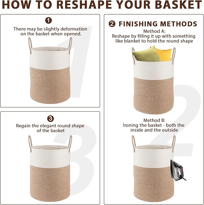 OIAHOMY Large Laundry Basket Hamper - 60L Cotton Rope Woven Basket for Blankets, Toys, Clothes - Tall Decorative Nursery Hamper with Long Handles, Yellow/Black