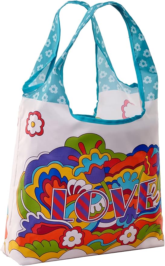 O-WITZ Reusable Grocery Bags | Vibrant Tote Bag For Groceries, Gym, Office, Beach, Toys & More | Washable Design With Large Handles For Maximum Convenience | Folds Into A Small Pouch, Psychedelic Love