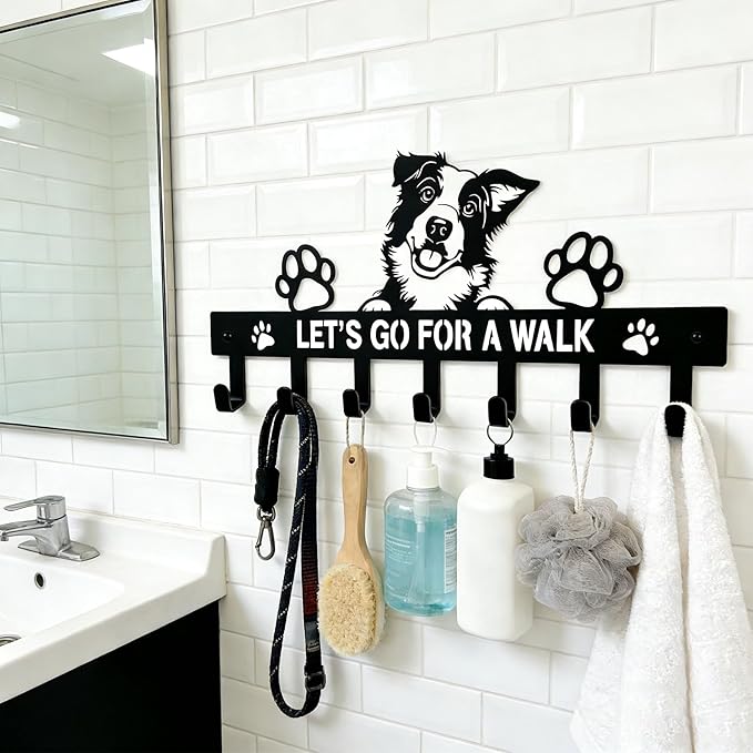 Border Collie Key Holder Wall Mount, Dog Leash Holder for Wall with 7 Hooks, Let‘s Go for a Walk Sign, Metal Black Entryway Key Rack, Front Door Small Car Key Hanger, Collie Decor & Gifts