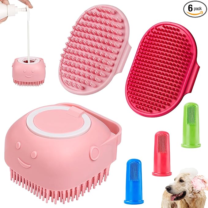 Comotech 6PCS Dog Bath Brush & Dog Toothbrush | Adjustable Handle Shampoo Brush & Scrubber for Short & Long Haired Dogs & Cats | Effectively Solve Odor & Stain Removal Problems (Pink Red Pink)