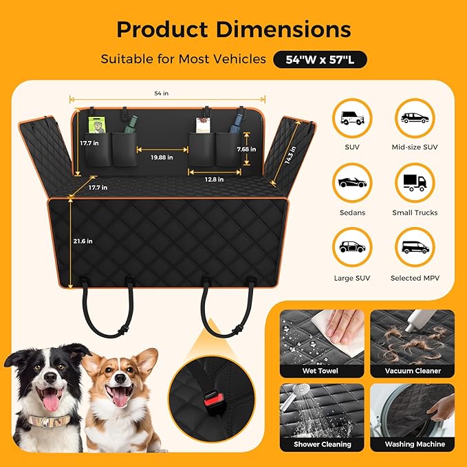 Dog Car Seat Cover for Back Seat,100% Waterproof Scratch Proof Nonslip Seat Cover,600D Heavy Duty Scratch Proof Nonslip Durable Soft Dog Hammock for Car(Orange)