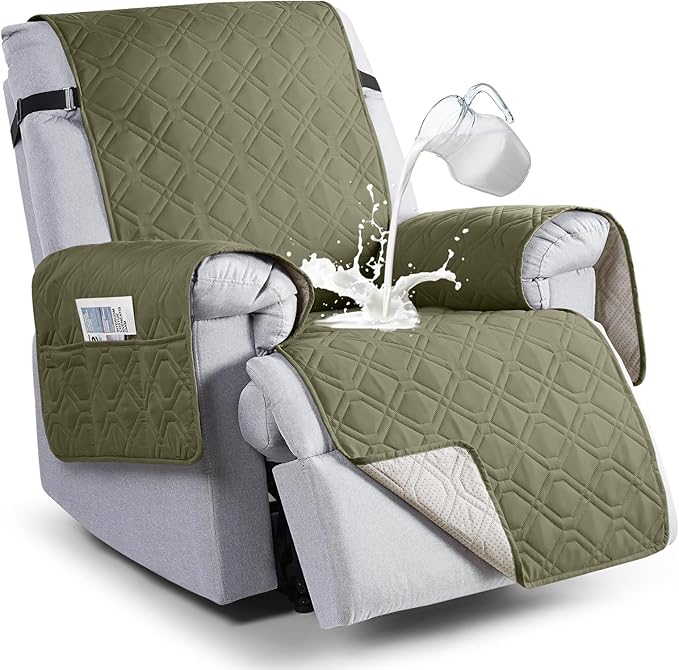 VANSOFY 100% Waterproof Recliner Chair Covers, Recliner Cover Non-Slip Dog Chair Cover Furniture Protector Washable Slipcover with Pocket, Elastic Straps for Pets, Dogs(Olive Green, 30")
