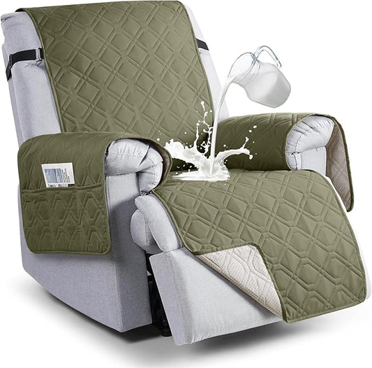 VANSOFY 100% Waterproof Recliner Chair Covers, Recliner Cover Non-Slip Dog Chair Cover Furniture Protector Washable Slipcover with Pocket, Elastic Straps for Pets, Dogs(Olive Green, 25")