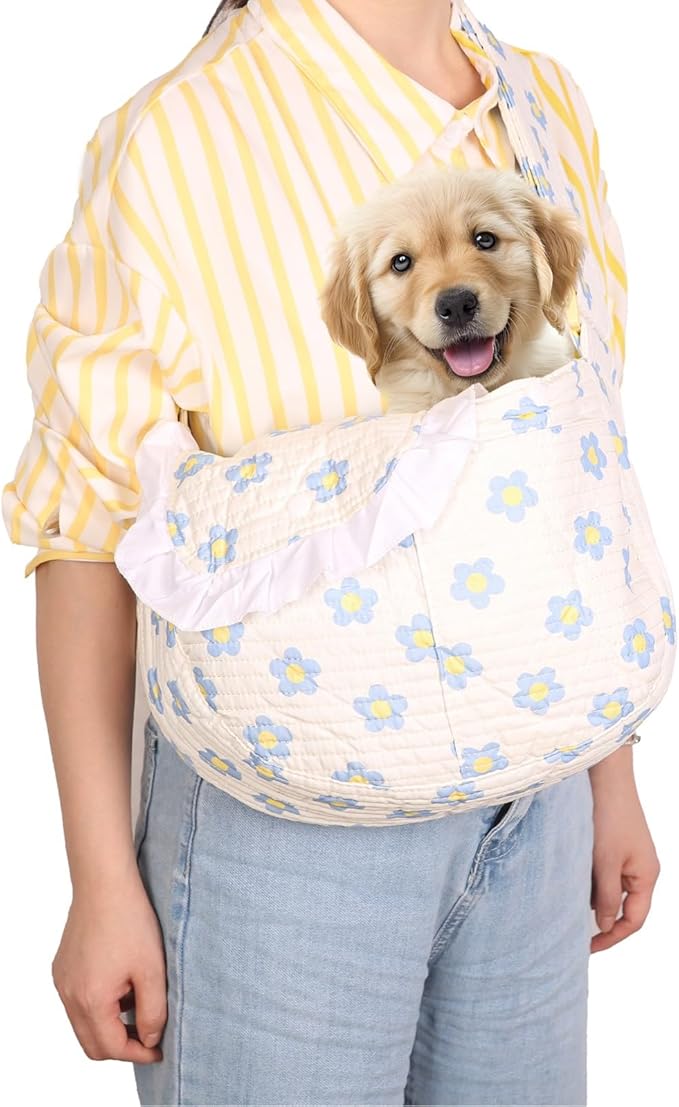 Floral Dog Carrier Bag for Cats & Small Dogs,Carry 10-20LBS Pet Purse, Hands-Free Cat Sling with Adjust Strap, Crossbody Puppy Sling Bag with Safety Buckle, Gifts for Pets Mom (Blue Daisy, Medium)