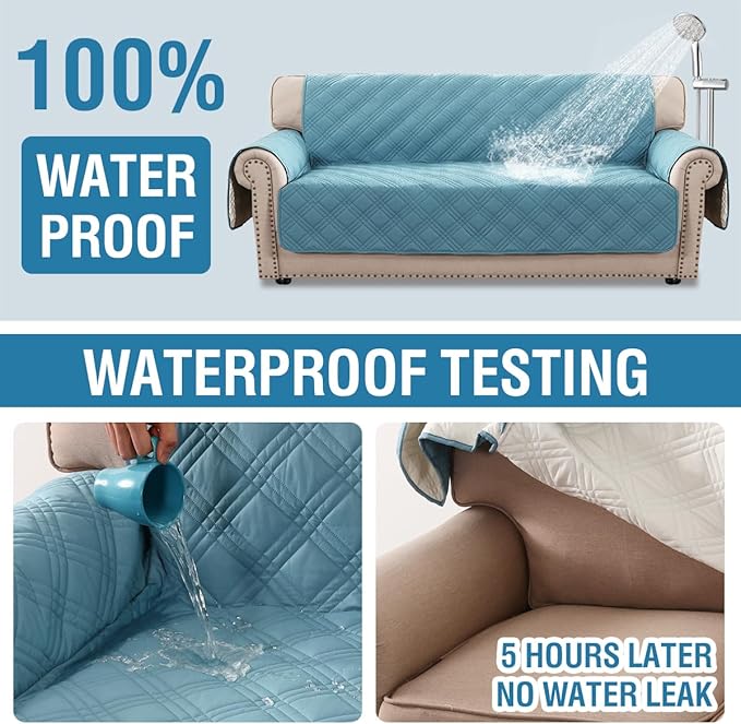 H.VERSAILTEX 100% Waterproof Couch Covers for Sofa Modern Sofa Slipcovers with Elastic Straps Thick Soft Furniture Covers Pet Friendly(Sofa, Smoke Blue/Beige)