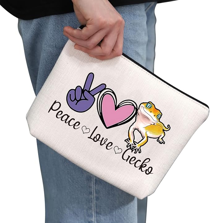 G2TUP Leopard Gecko Lover Gift Peace Love Gecko Makeup Bag Pet Lizard Lover Cosmetic Bag Reptile Gecko Owner Gift Travel Bag with Zipper (Peace Love Gecko White Bag)