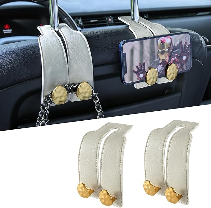 2PCS Leather Car Seat Hooks for Headrest, Vehicle Hanger Storage Organizer Universal for Handbag Purse, Car Accessories Gift (White-Gold)